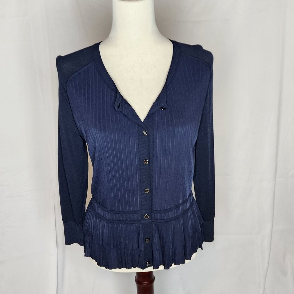 Oscar de la Renta Navy Button Front Ruffle Hem Cardigan Size: L - Picture 3 of 16